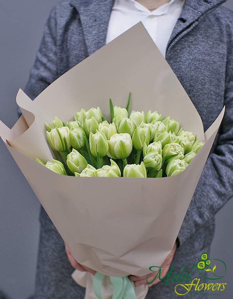 Buchet din 35 lalele verzi de tip bujor