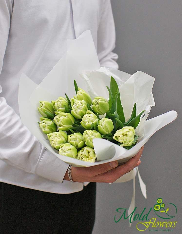 Buchet din 15 lalele verzi de tip bujori