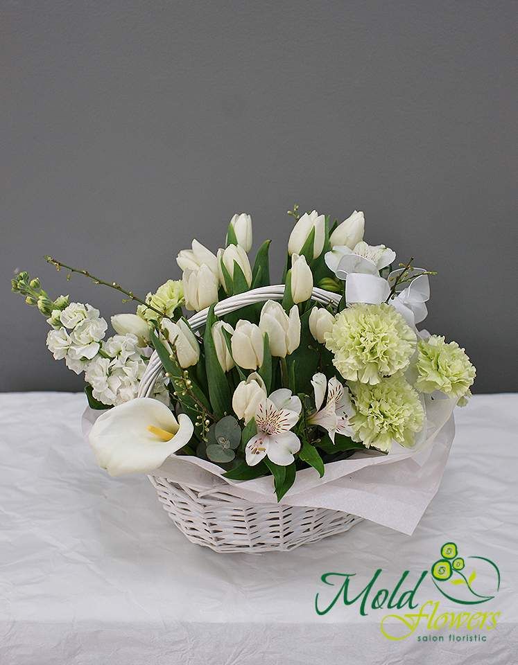 Coș cu lalele albe și dianthus verde